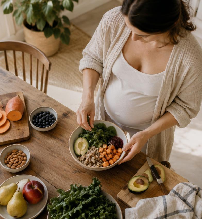 Gestante montando um prato equilibrado de vegetais, grãos e frutas