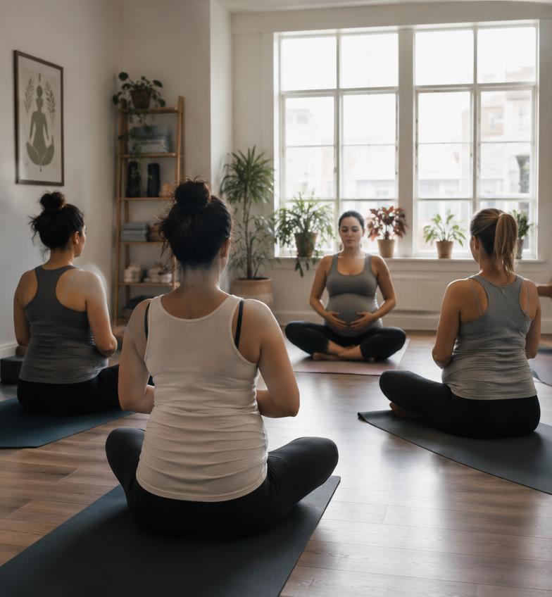 Turma de yoga pré-natal respirando em conjunto em um estúdio claro