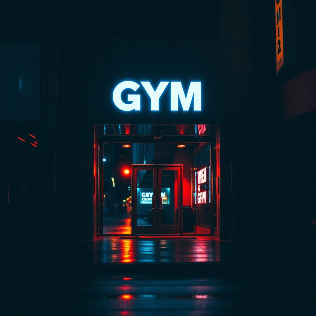 Entrada de academia à noite com letreiro de neon