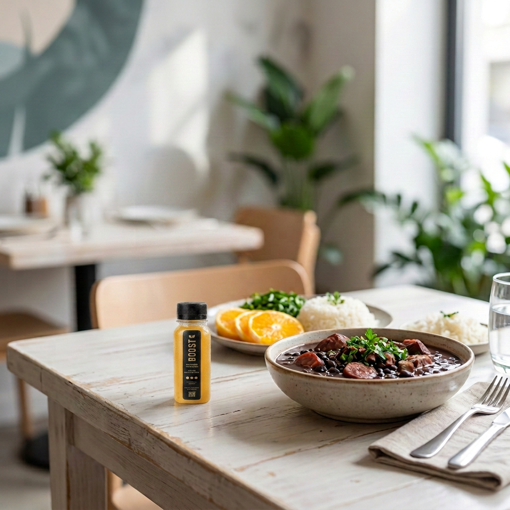 Garrafa de Boost de 60 ml em mesa de restaurante ao lado de um prato de feijoada servido