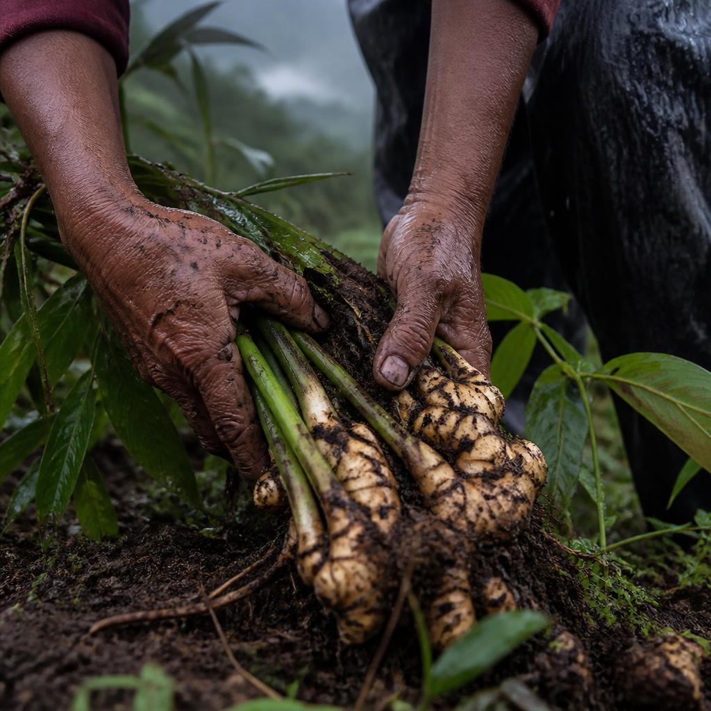 Colheita de gengibre em plantação de Tapiraí em manhã chuvosa